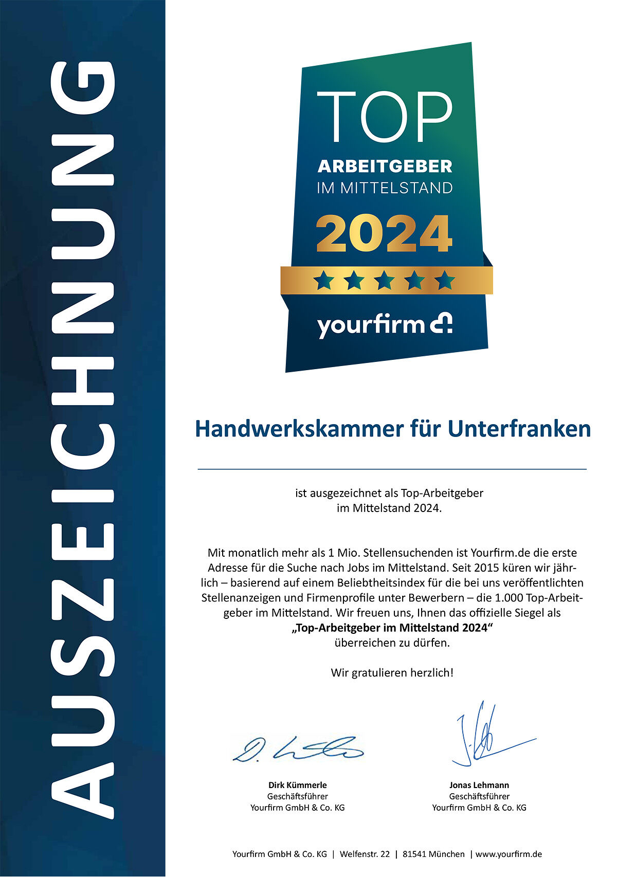 Urkunde - Top-Arbeitgeber im Mittelstand - yourfirm.de