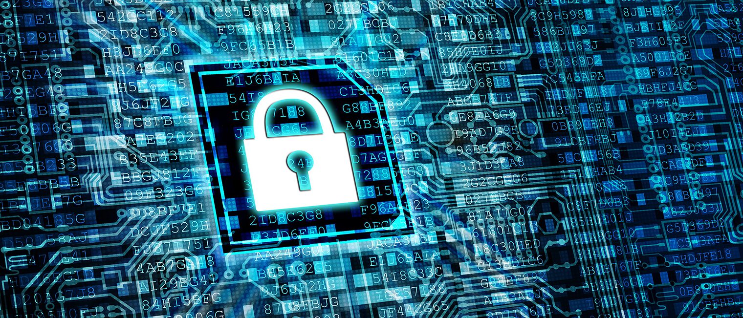 Datenschutz Datenflut und Datenschutz - viele Datensymbole und in der Mitte ein Schloss