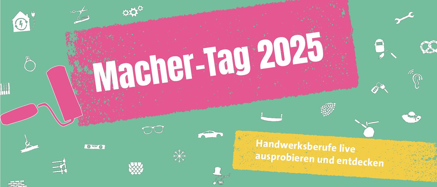 Macher-Tag 2025, Grafik Piktogramme, die verschiedene Handwerksberufe zeigen und die Schrift "Macher-Tag 2025"