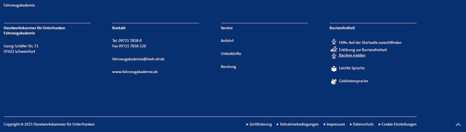 Screenshot des Footer-Bereichs auf www.fahrzeugakademie.de