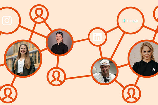 Grafik Netz mit Social Media Icons und Fotos von Personen